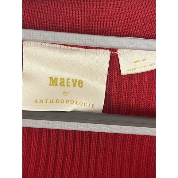 Anthropologie Maeve Polo Bell Sleeve Sweater •M• Long Ribbed Red Holiday Button - Picture 11 of 13